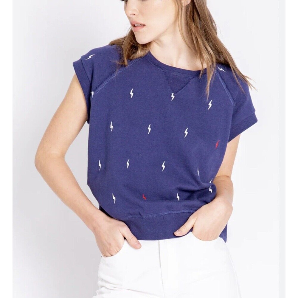 P.J. Salvage Rad White & Blue Lighting Bolt S/S Top In Navy Sz L New